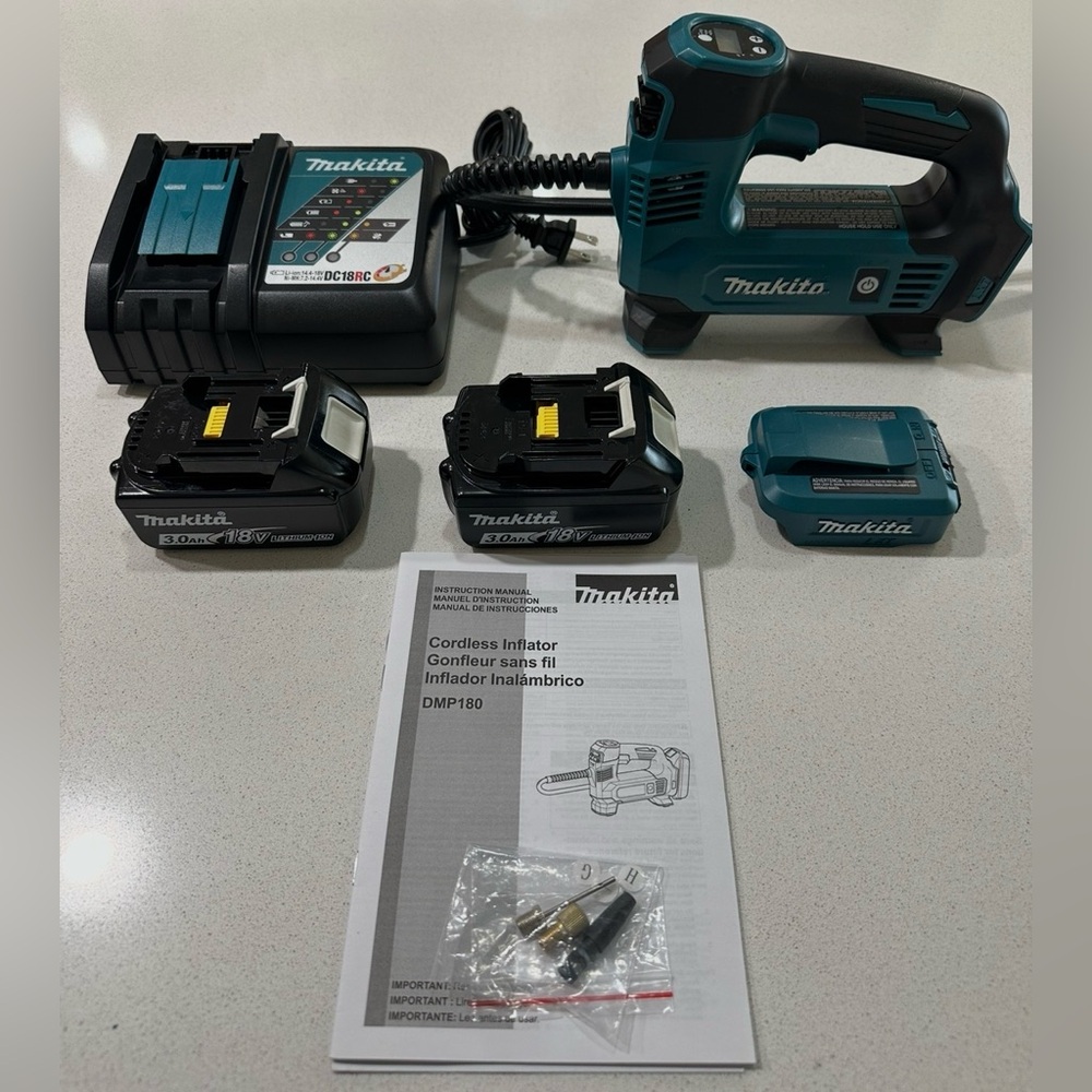 Makita 18v Tire Inflator Combo With Fast Charger, 3Ah Batteries And USB Adapter.